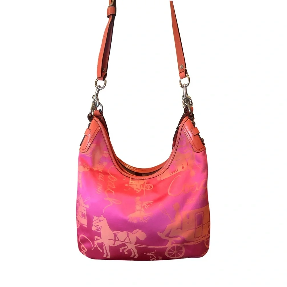 Coach Hot Pink and Coral Satin Signature Hobo